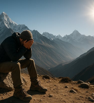 Trekker showing early signs of altitude sickness at 3,000m in the Himalayas.