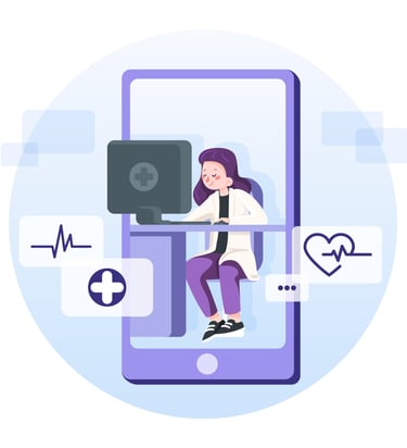 a woman sitting on a phone with a doctor