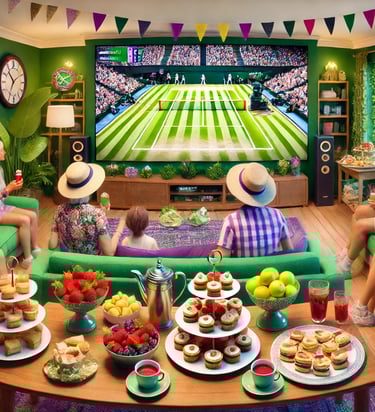 Wimbledon watch party at home with green and purple decor, tennis-themed snacks, and guests watching