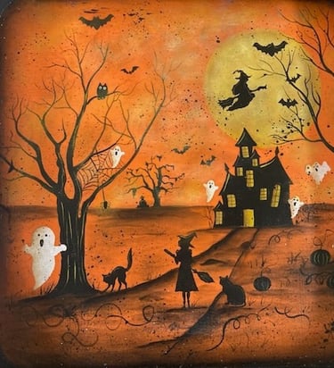 Witches cats ghosts haunted hours bats owl stencil and acrylic art