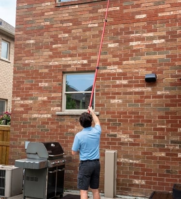 Professional window cleaner using a long extension pole to clean second-story residential windows on a brick house.