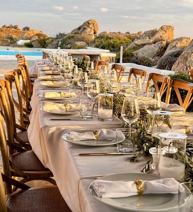 a long table with a long table set for a dinner
