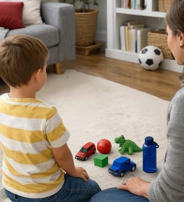 Child doing color sorting activity at home with parent