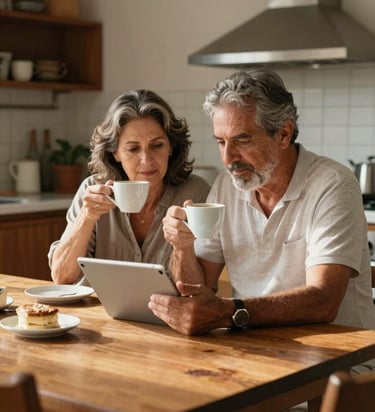 Wide environmental portrait of a mature Brazilian couple in their early 60s sitting at a sunlit wooden kitchen table, sharing coffee and reading a tablet together, soft natural side light, warm and reassuring atmosphere.