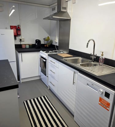 Full interior of a fully equipped temporary kitchen pod available for rental during insurance claims and renovation projects.