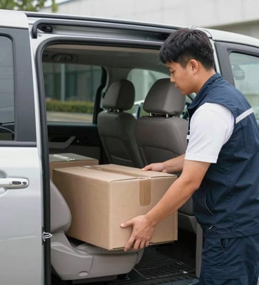 Professional movers carefully packing and loading boxes into a truck in a bright, organized home.
