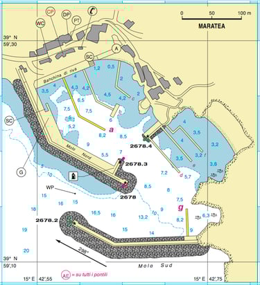 Mappa nautica dettagliata del porto di Maratea che mostra la profondità delle acque, i frangiflutti