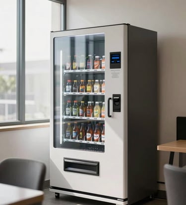 Sleek, modern glass-front vending machine integrated into a bright, contemporary Indian corporate breakroom, natural sunlight from a large window, clean professional setting