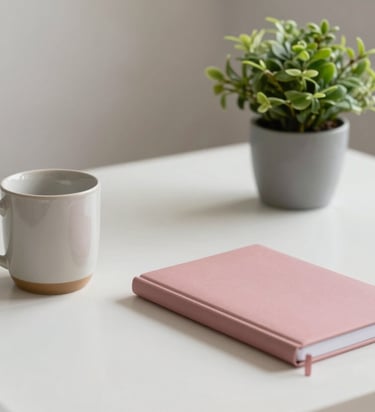 A bright, airy home office space. A soft off-white desk holds a single ceramic mug and a dusty rose pink notebook. Beside it, a small green plant in a cool grey pot. The lighting is soft and natural, emphasizing a sense of calm efficiency.