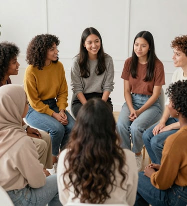 A group of diverse women smiling together during a workshop outdoors.