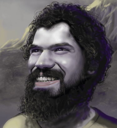Digital painting of a smiling man with curly dark hair and a thick beard in a fantasy art style.