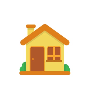 A yellow house with a brown roof and a brown door. Green foliage surrounds it.