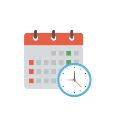 A calendar that features gray red, and green as primary colors is behind a blue clock with red hands