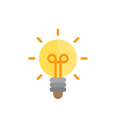 A yellow and oragne lightbulb, with a gray base has lines erupting from it, signifying it has lit up