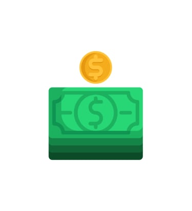 A yellow coin with a dollar sign is above a green dollar bill with a dollar sign in the middle.