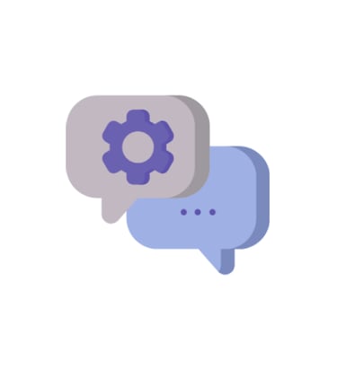 One the top left is a speech bubble with a gearwheel in the middle and next to it is a speech bubble