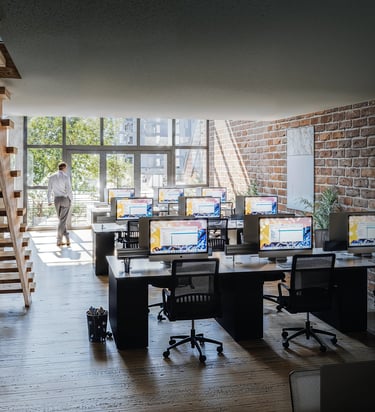 Rendu 3D ultra réaliste d’un espace de bureaux industriels – BenRaff Studio