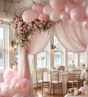 Elegant wedding setup with pink balloon arch and floral arrangements over a table. Soft drapes, wood