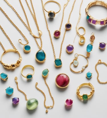 A gold ring adorned with multiple gemstones sits on a flat surface. The stones come in various shapes and colors, including red, blue, green, and clear, set within the band