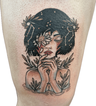 Tattoo Firl with Flowers and Plants in water