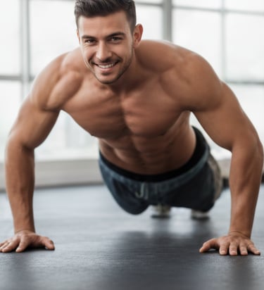 A fit man doing a pushup in a bright gym setting.