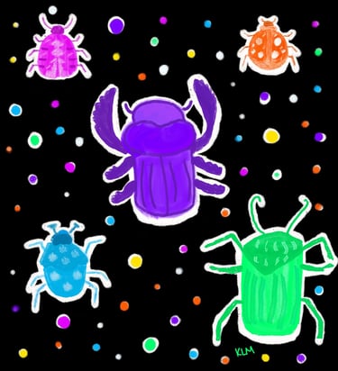 a group of neon beetles on a black background