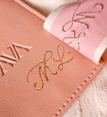 Hot foil stamped leather case with initials ML by NYC calligrapher Handwritten by Belle.