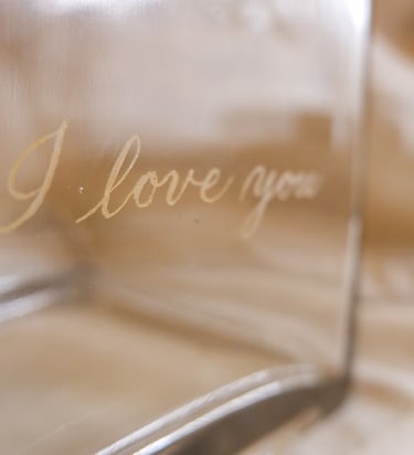 Hand engraved glass vase with I love you customized by New York City engraver Handwritten by Belle.