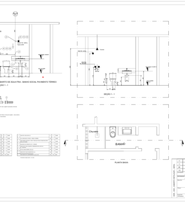 Gabarito de água fria do banheiro térreo, com seções, planta e detalhamento das instalações.