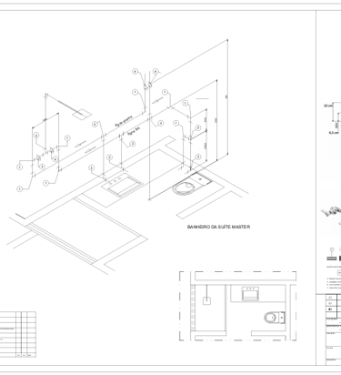 Banheiro da suíte master: vista explodida 3D das tubulações, planta e especificação de metais.