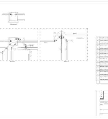 Detalhamento de rede hidráulica: cortes, planta, conexões, reduções, junções e lista de materiais.