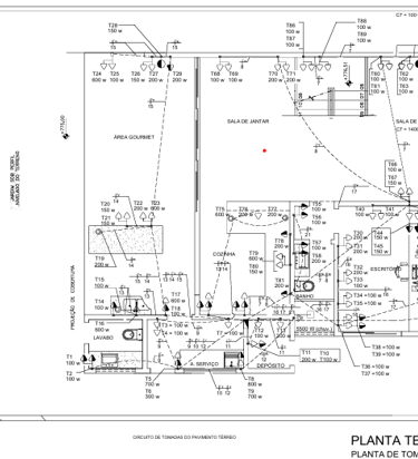 Distribuição de tomadas e cargas nos ambientes do pavimento térreo em planta elétrica.