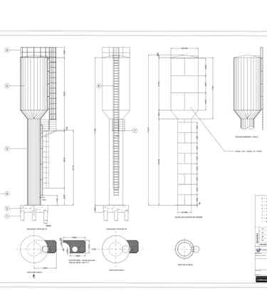 Reservatório elevado cilíndrico com escada marinheiro: vistas, plantas e detalhes de base estrutural