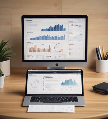 People are working on laptops at a modern office setup. The environment appears collaborative and tech-focused, with laptops, notebooks, and a bright, colorful interior featuring orange and green tones.