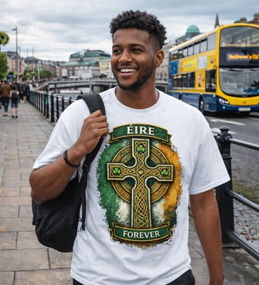 Smiling man in Dublin wearing an Eire Forever Celtic cross t-shirt near a yellow bus.