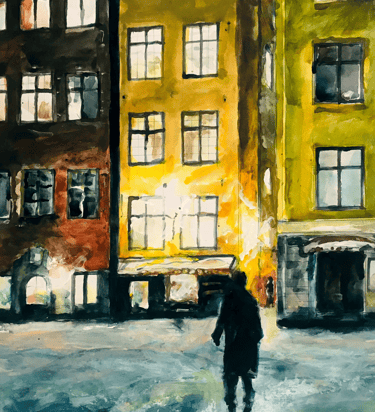 a painting of a person walking down a street in Stockholm