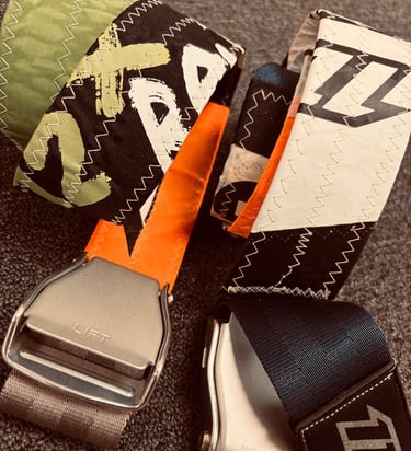Belts made from upcycled kite struts and webbing