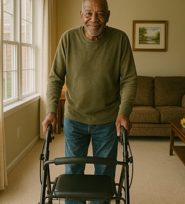 a man in a green sweater and jeans standing in a living room