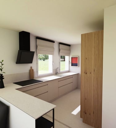 Vue 3D cuisine rénovée bois beige japandi