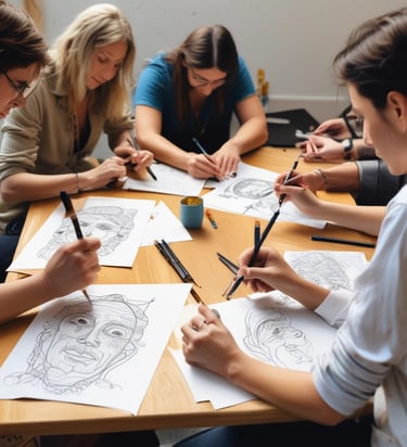 a group of children sitting at a table with paint
