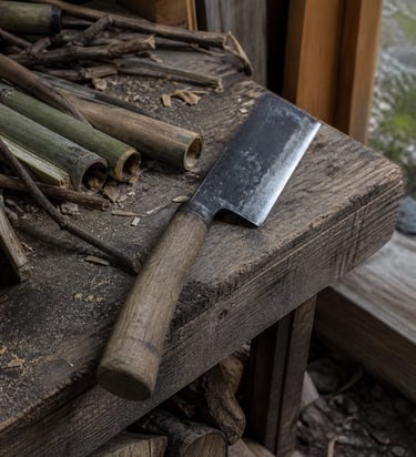 Traditional Japanese woodworking knife and cut bamboo stalks on a rustic wooden workbench.
