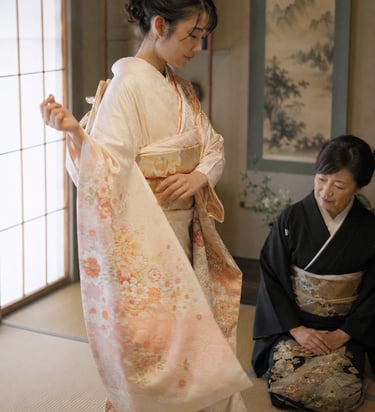 A young woman wears a floral pink silk kimono for a traditional Japanese tea ceremony.