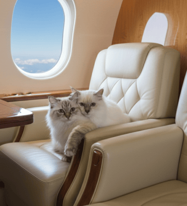 Gatti Sacri di Birmania sulla poltrona in jet privato.