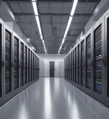 A close-up view of a server rack in a data center, showing rows of servers with blue LED lights glowing. Several network cables are connected to the servers, with labels indicating their connections.