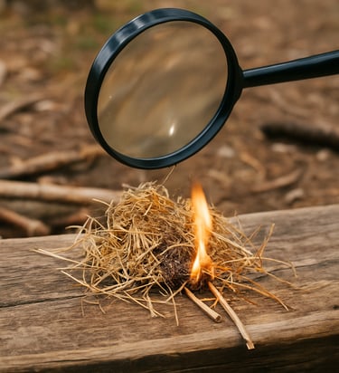 Magnifying glass focusing sunlight to ignite tinder on wood surface