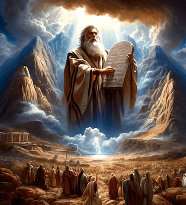 Biblical illustration of Moses holding the Ten Commandments on a mountain.