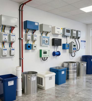 Industrial warehouse with bright overhead lighting and structured cabling.