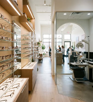 bright commercial photography, clean interior lighting, high contrast, sharp focus, 35mm. Crisp wide shot of modern frames on display next to clean optometry equipment, welcoming store interior