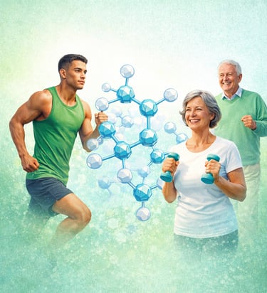 Ilustración científica sobre la creatina mostrando un atleta joven, una mujer en menopausia y un adu