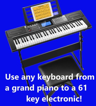 61-key electronic keyboard piano with adjustable stand, padded bench, and tablet music holder.